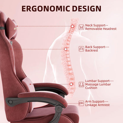 Velvet Fabric Gaming Chair with Footrest for Adults, Ergonomic Gaming Chairs with Massage Lumbar, Reclining Racing Computer Chair with Spring Cushion for Home Office Video Game, Red