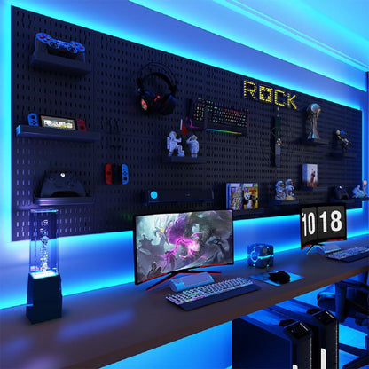 RGB Gaming Wall Organizer Peg Board with RGB LED Strip Lights, 2PCS Metal Gamer Wall Decor Peg Board with Hooks, DIY Gaming Setup Organizer Pegboard Gaming Wall Accessories 12 * 24”