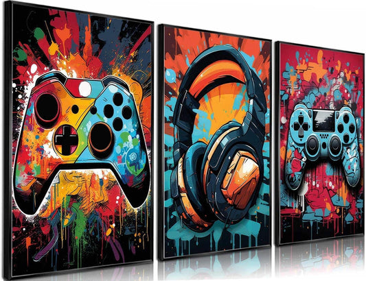3Pcs Cool Gaming Wall Art Retro Video Gamer Watercolor Posters Pictures Colorful Neon Gamepad Canvas Painting Prints for Boys Room Kids Gamer Room Bedroom for Boys Home Decoration